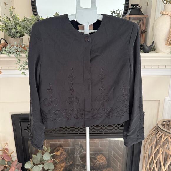 Vintage Black Pat Argenti 100 % Silk Embroidered Waist Length Jacket Size 10 - Picture 1 of 14